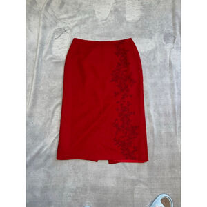Harris/Wallace Red Pencil MIDI Skirt Black Rose Embroidery 12